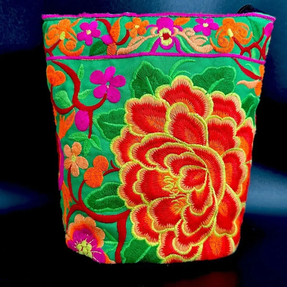 Thai Hmong Embroidered Cosmetic Bag Peony Floral Makeup Pouch 8” Boho Travel